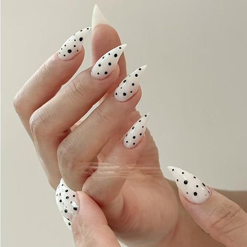 10 Pcs Thick Press on Nails White Stiletto Handmade Fake Nails with Polka Dot Design Medium Curved Eagle Claw False Nails Luxury Muti-Layer Gel Nail Halloween Cat Claw Stick on Nail for Women (S)