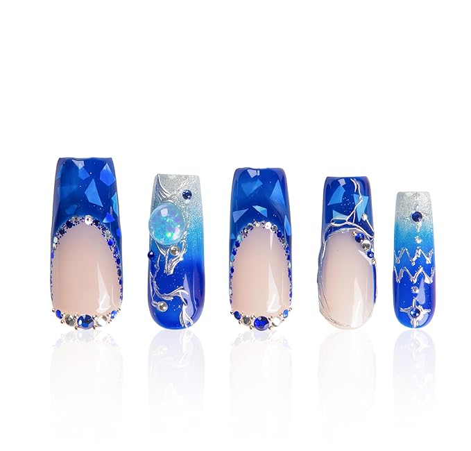 LOVFUL Short French Tip Press on Nails Aquarius Ice Queen | Handmade Acrylic Press ons | Reusable Fake False Nails | Square Classic Regular 1.3in | H589-L