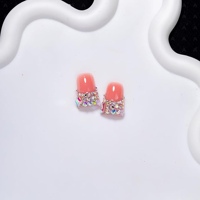 10 Pieces Luxury Y2K Acrylic Press On Nails Short Handmade Duck Nails, Black Thickened French False Nails With Bling Rhinestones, Reusable Fake Nails, Acrylic Nails (S)
