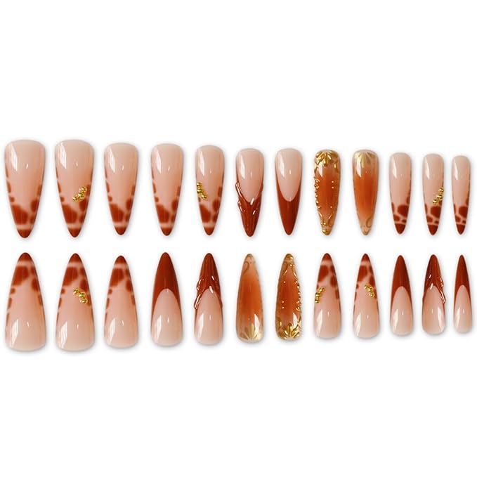 Long Press on Nails Almond Fake Nails Brown Artificial Nail with Gold Charm Designs Cute Leopard Stick on Nail for Women 24pcs