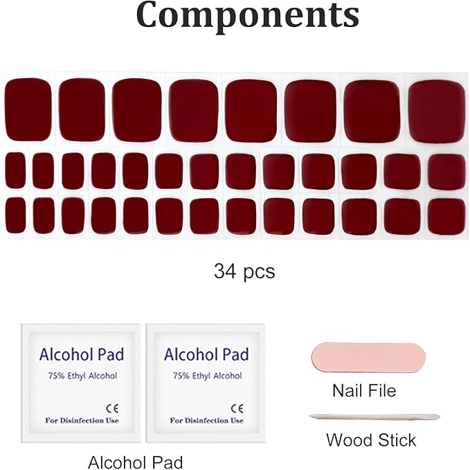 34 Pcs Semi Cured Gel Toe Nail Strips Dark Red Gel Nail Stickers Full Cover Nails Wraps Self Adhesive Toe Nails Polish Strips Stickers for Women UV/LED Light Required
