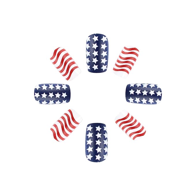 4th of July Press on Nails Short Square America Flag Fake Nails Full Cover Striped Stars False Nails with Designs Glossy Glue on Nails USA Acrylic Nails Handmade Acrylic Nails for Women Girls 24Pcs