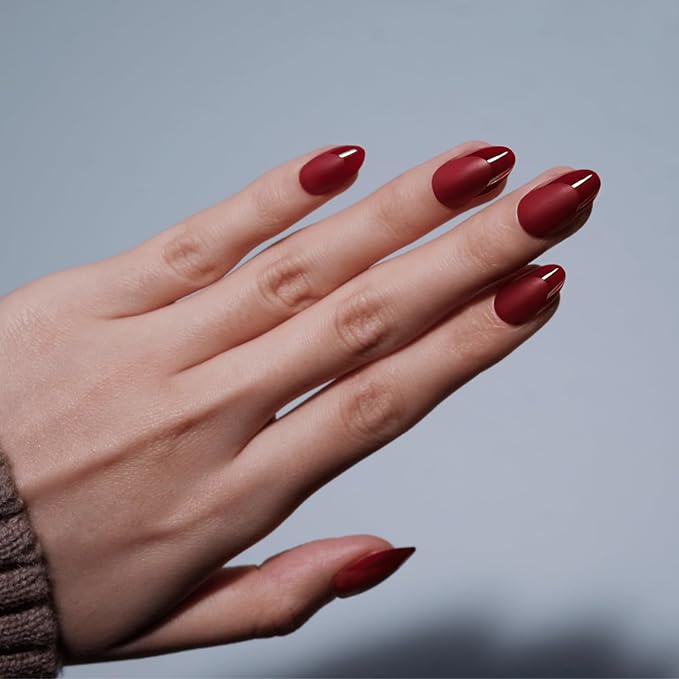 LAMIMOSA 32Pcs Burgundy Red French Tip False Nails - Short Almond Press on Nails kit with Glue, Soft Gel Fake Nails in 16 Sizes, Reusable Stick on Nails kit, RED HEELS