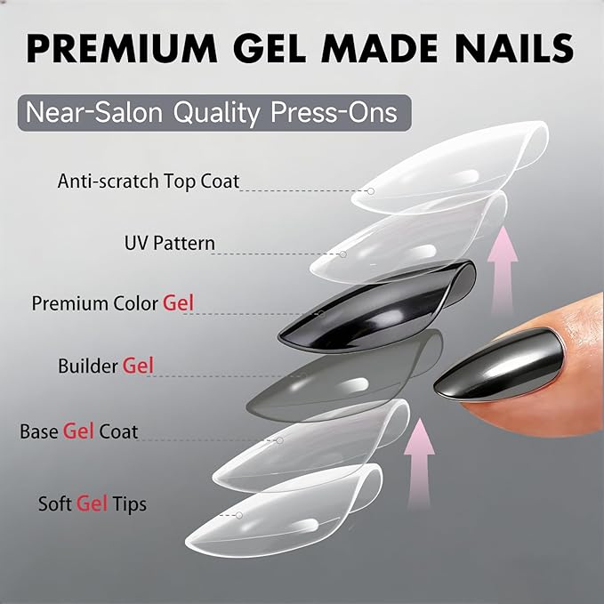 Chrome Press on Nails Short Almond, Metallic Smoky Gray Fake Nails with a Sparkle Mirror Finish, Glitter Glue on Nails for Women Birthday Party, Thick Quality Soft Gel Nail Press ons 30 Pcs
