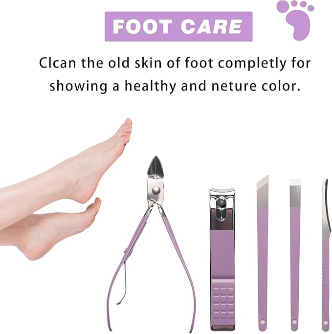 Manicure Pedicure Kit, Purple, Stainless Steel, 18-Piece Set with Portable Travel Case, Nail Clippers, Scissors, Cuticle Tools