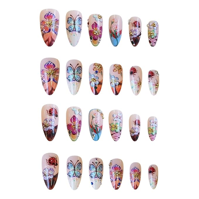 Long Press on Nails Almond Fake Nails French False Nails Flowers Artificial Nails with 3D Floral and Futterfly Designs Glossy Hanmade NailsColorful Stick on Nails for Women 24pcs