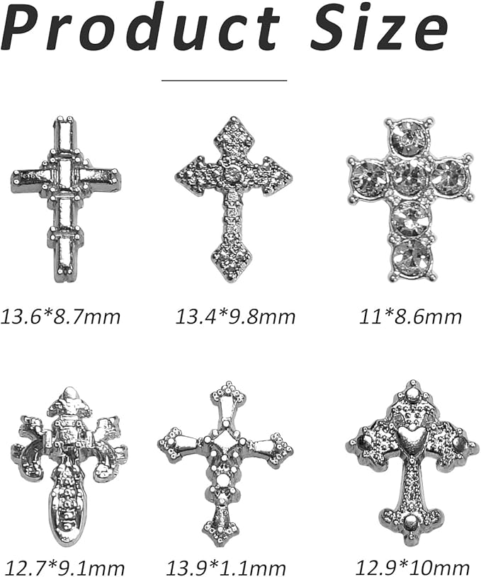 3D Alloy Metal Crystal Cross Nail Charms - 60 Pcs Ideal for Women and Girls' DIY Punk Nail Art, with Rhinestones, Great for Salons & Fashion Events (60, Silvery)