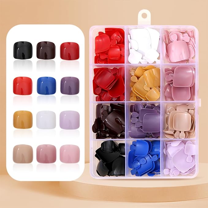 288 Pcs Press On Toenails Short Square Fake Toe Nails Press Ons Set Solid Color False Toenails Full Cover Acrylic Glue on Toe Nails Reusable Glossy Artificial Toenail Kit for Women Manicure 12 Color