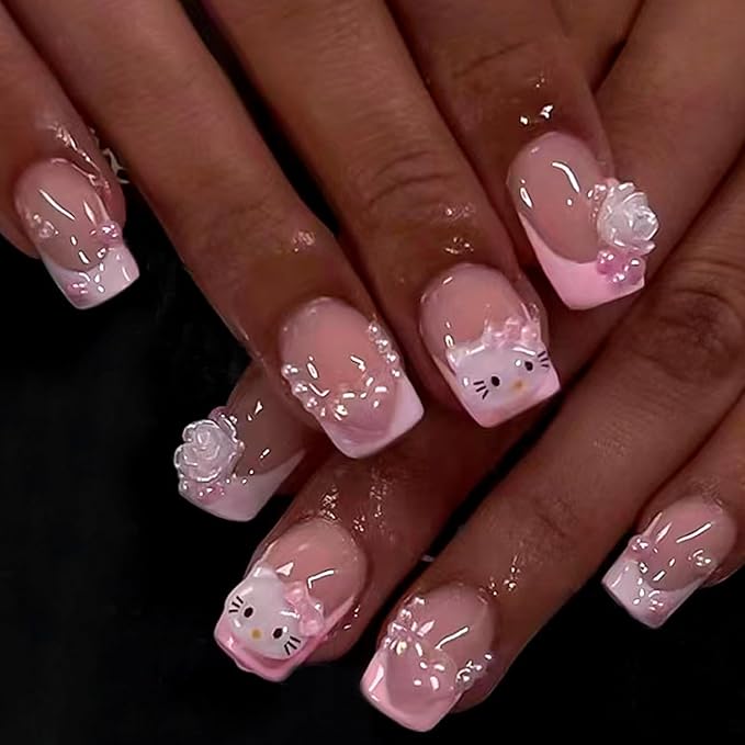 24Pcs Nude Pink French Tip Press on Nails Kit, Fake Nails Extra Short Square with 3D Pearl Designs Cute Cat False Nails French Tip Acrylic Nails Glue on Nails for Women Fashion Fingernails