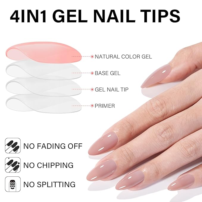 AILLSA Press on Nails Almond 140 PCS Fake Nails 4 in 1 Medium Glossy Nude Nails Press Ons, Long Lasting Pre-Shaped Gel Nails Natural False Nail for Nail Art DIY Women