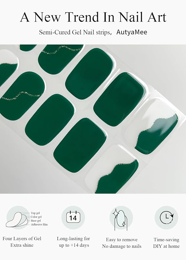 Semi Cured Gel Nail Strips (Green Line), 20 Pcs Gel Nail Wraps, Stickers, UV Light Required, Salon Quality, Long Lasting