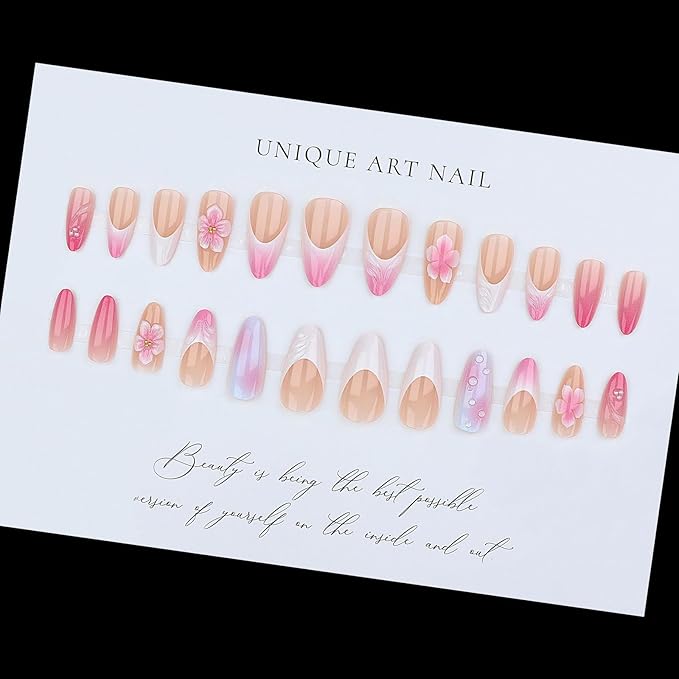 Press on Nails Medium Almond, Pink Fake Nails with 5D Flower Design, Glossy Ombre Glue on Nail, Water Ripple French Tips Nails Press ons, Reusable Pearl Acrylic Nail for Women Manicure
