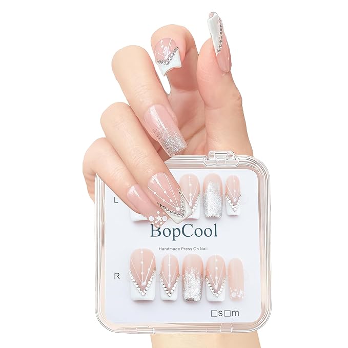 Luxury Handmade Press-on Nail Art – 3D Rhinestone Silver Glitter False Nails，Nude Gradient French Acrylic Nails， Reusable Self-Adhesive White Fake Nails.(S-10PCS)