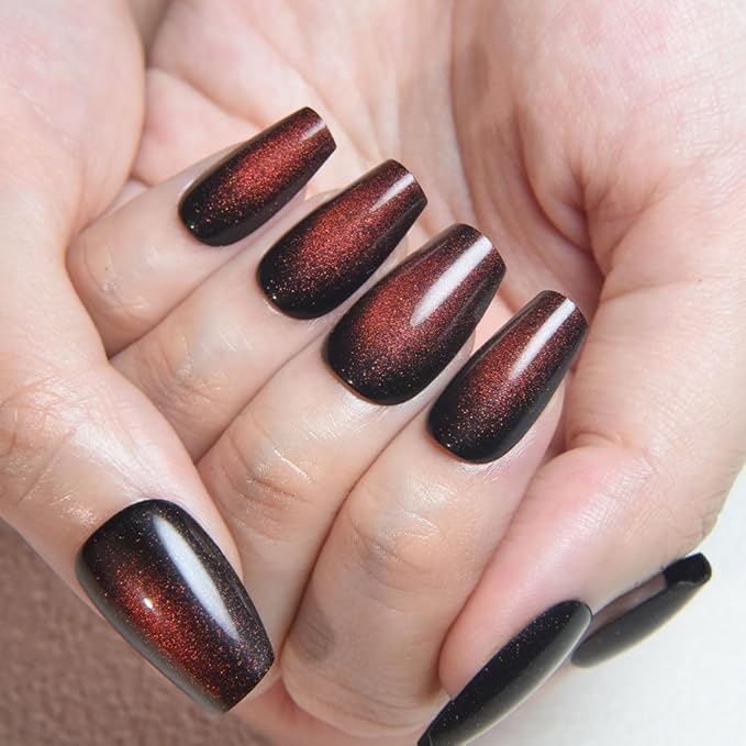 evpct Reddish Brown Cat Eye Coffin Press on Nails Square Medium, Medium Square Stick on Nails for Women Gift, Wine Red Metallic Glitter Glossy Reusable Spring Summer Gel Press on Acrylic Fake Nail