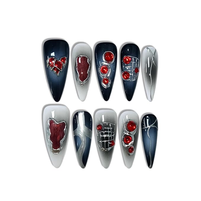 Halloween Vampire Nails,Gothic Press On Nails Long Stiletto With Tools,Black Dark Ombre Fake Nails with Red Gems,10Pcs Hand-Painted Glossy Acrylic Glue on Nails for Women Parties Events(L)