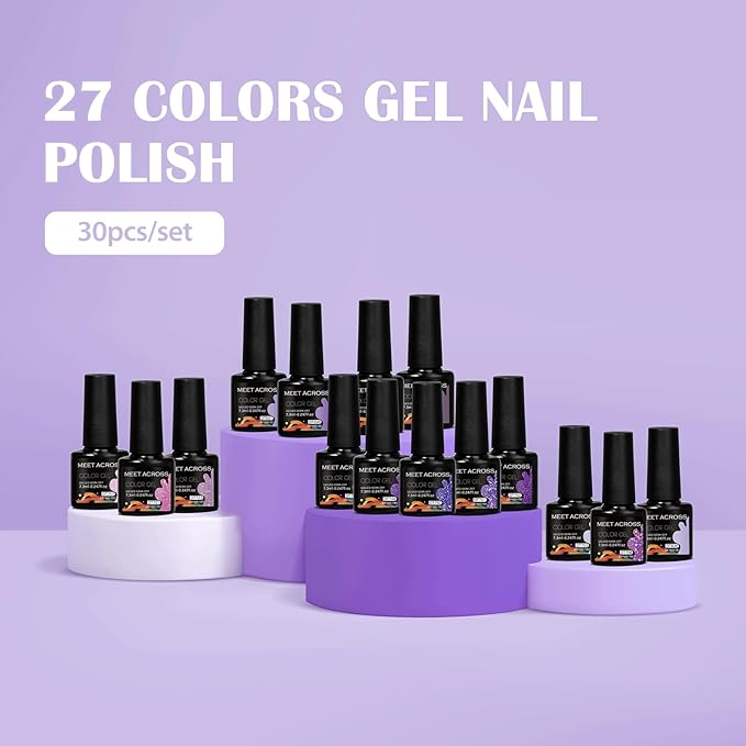 MEET ACROSS 27PCS Gel Nail Polish Set,27 Colors Gel Nail Kit Art Design Soak Off UV LED,Nail Art Design Gifts for Women