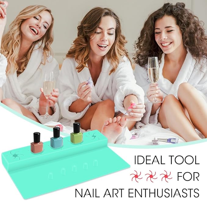 Nail Polish Holder,Silicone Hand Rest Mat Fingernail Painting Tools 2 in 1 Art Accessories Organizer Case Set with Anti-Spill Bottle Stand and Finger Separator for Pedicure Manicure-Turquoise