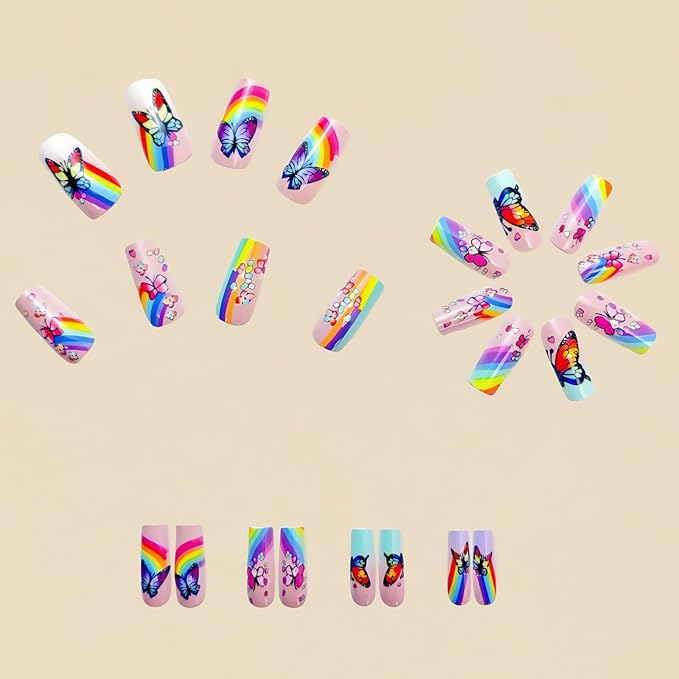 Medium Press on Nails Coffin Shaped Fake Nails with Butterfly Designs Full Cover Stick on Nails Spring Colorful Flower False Nails Flower Glue on Nails for Women and Girls Manicure Kit 24Pcs