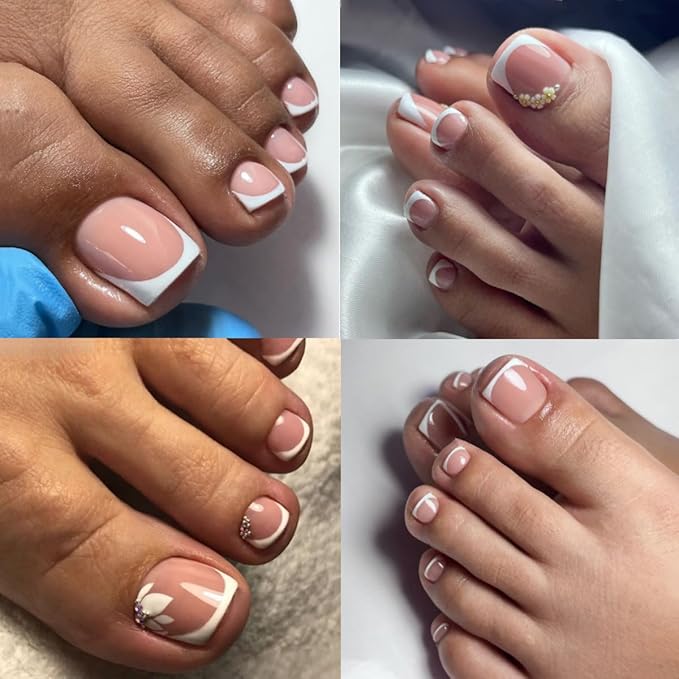 Lamemoria Pre-Design Geled Almond French Tip Press On Toenails,Medium White French Nail Toe Tips, Basic Salon Fake Nail Kit Set With Glue/Tabs/File, 240 PCS