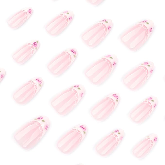 Spring Summer Press on Nails Almond Fake Nails with Lace Rose Designs, Medium French Tip White Flower Nails Spring Glue on Nails Cute |Reusable|Easy Apply |Glossy|Daily Wear 24Pcs