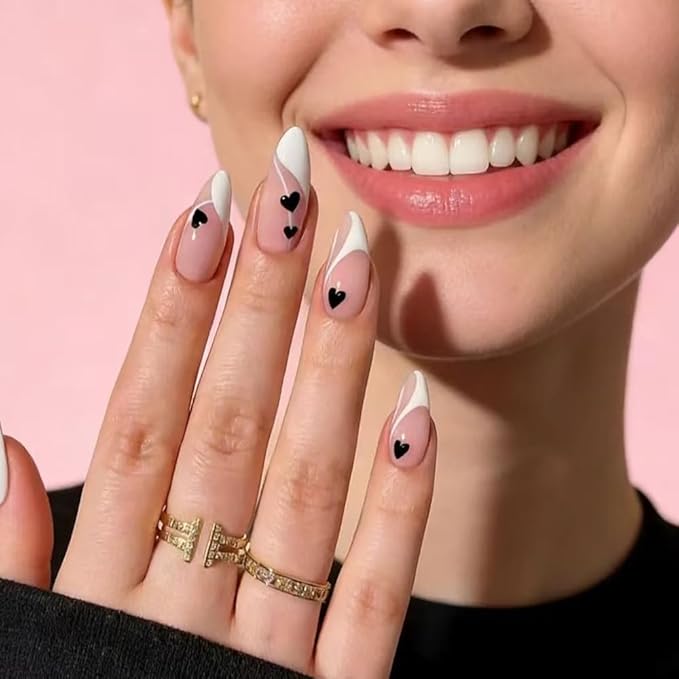 Valentine Press on Nails - Love Heart Fake Nails - Almond False Nails Press ons - French Tip Acrylic Glue on Nails - Artificial Stick on Nail for Women Manicure 24 Pcs