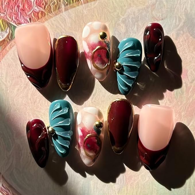 Press On Nails - Handmade Medium Length Almond Fake Nails, Brown Rendering Painting Design, Reusable Artificial Almond False Nails for Women 10 Pcs Acrylic Nails Kit (Size L)