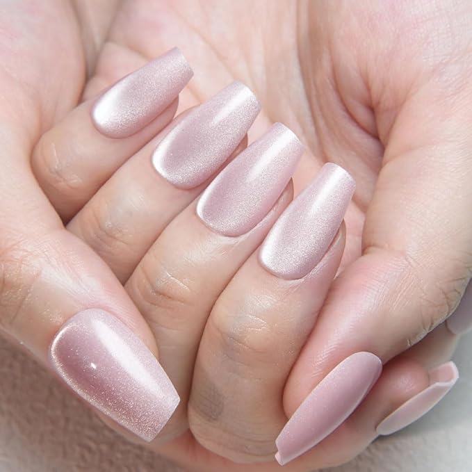 evpct Nude Cat Eye Coffin Press on Nails Square Medium, Medium Square Stick on Nail for Women Gift, Nude Metallic Glitter Glossy Reusable Summer Soft Gel Press on Acrylic Fake Nail with Designs