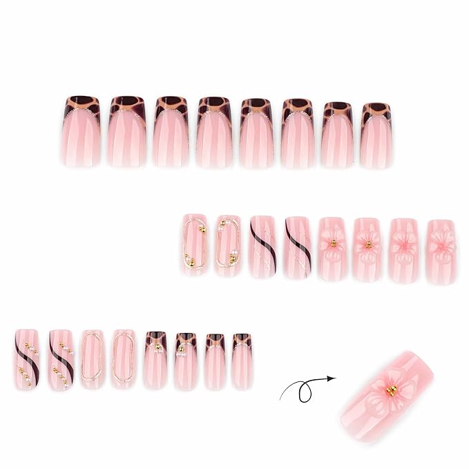 Press on Nails Square - Medium Fake Nails with Flower Design - Leopard Print French Tip False Nails - for Women 24 Pcs