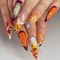 Long Almond Press on Nails Zebra Artistic Party Fake Nails Floral Leopard Stick on Nail for Women 24pcs