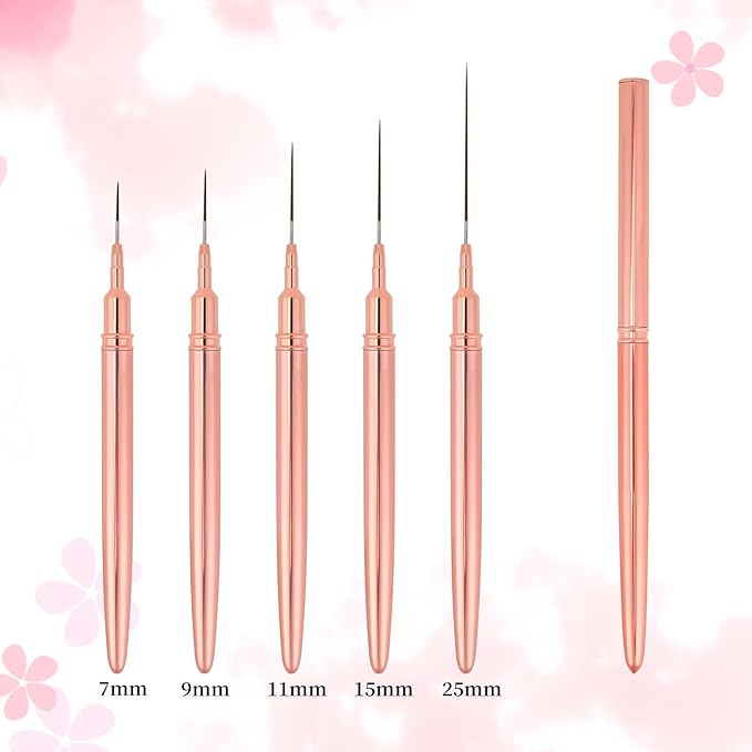 5pcs Nail Art Liner Brushes, Fine Nail Art Pens Thin Detail Fingernails Drawing Tool Long Line Painting Striping Brushes for Gel Polish Nails Design, Size 7/9/11/15/25mm
