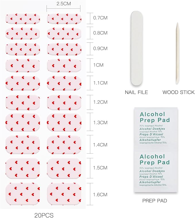 JMEOWIO Gel Nail Stickers Valentines Day Red Heart Semi Cured Gel Nail Strips Wraps UV/LED Nails Art Design Decoration Accessories