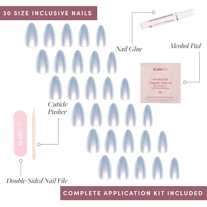 Glamnetic Press On Nails - Something Blue | Short Almond Fake Nails, Baby Blue with a Glossy Glazed Finish, Salon Quality | 15 Sizes - 30 Nail Kit with Glue