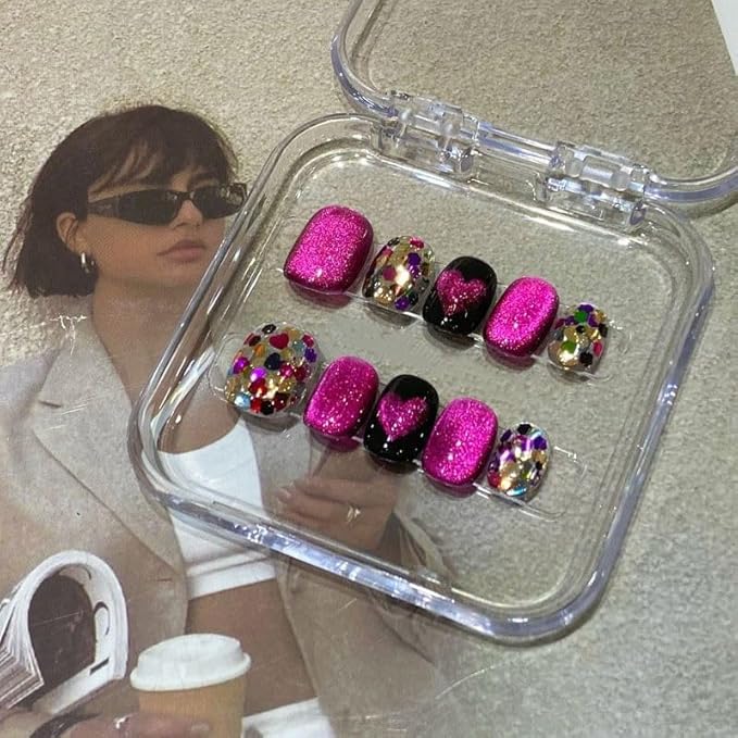 Short Square Press on Nails - Handmade Manicure Art Reusable False Nails 10pcs with Solid Nail Glue, Nail Adhesive Tabs, Strong Nail Glue (120-Large)