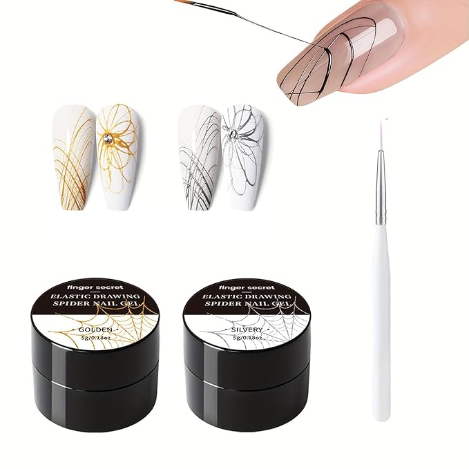 5g/0.18oz Spider Gel Kit for Nails, Spider GelS for Nail Art Wire Drawing NailS Gel for Line with Brushes for Nail Art (Golden Silvery)