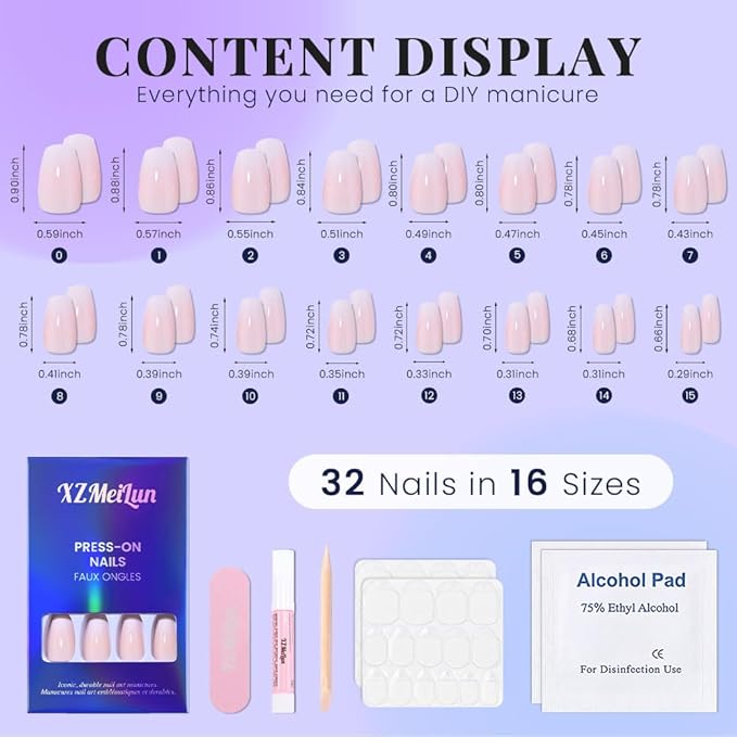 Light Nude Ombre Glossy Press on Nails Coffin Acrylic Fake Nails Stylish Design, Not Pixelated Like Digital Printing, Natural Reusable Nails Kit for Women False Nail, Salon Quality Reusable