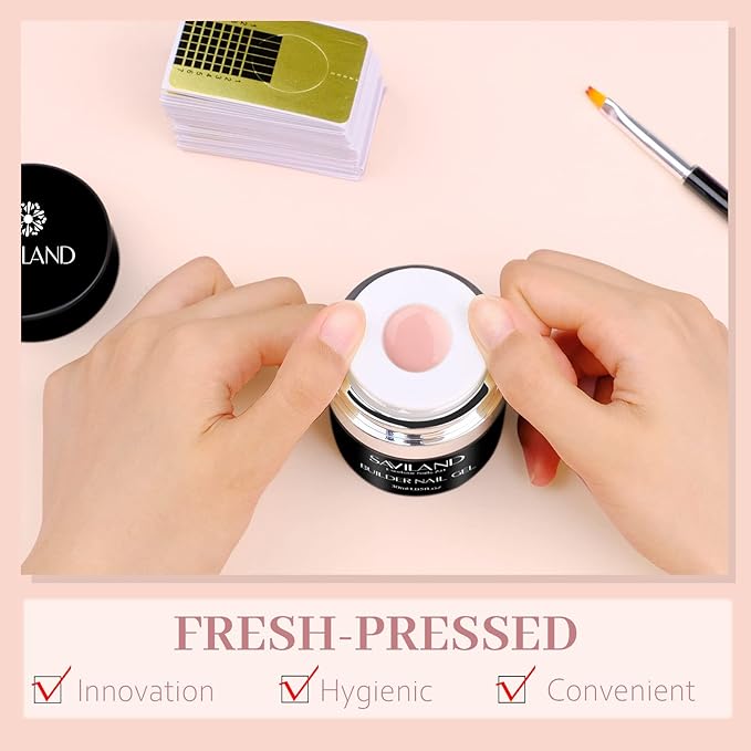 SAVILAND Builder Nail Gel Kit: 30ml Nudes Pink Hard Gel Nail Extension with Air Cushion Design, Base and Strengthener Builder with 100pcs Forms and Acrylic Brushes