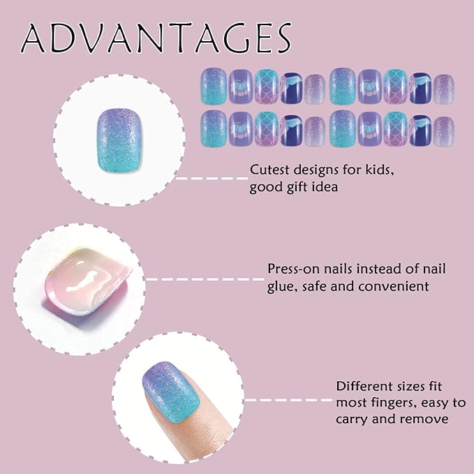 Laza 64pcs Children Nails Press On Pre-glue Full Cover Glitter Tropical Fish Shell Scale Short False Nail Kits for Kids Teenager Girls - Blue Purple Mermaid