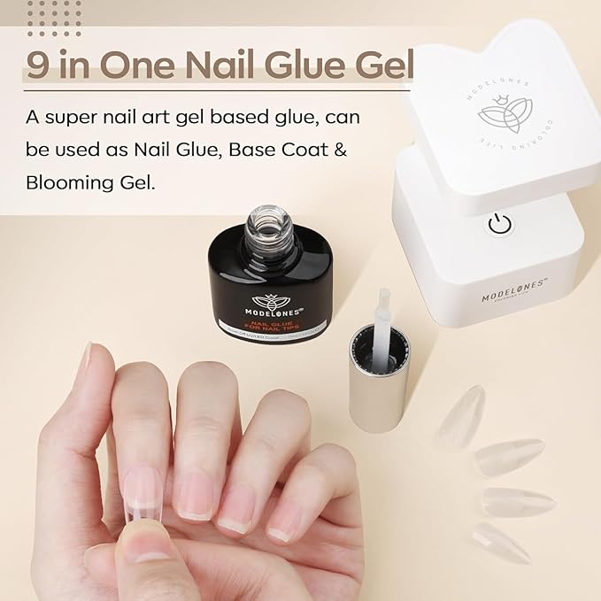 modelones 9 in One Gel Nail Glue Prep Dehydrator for Acrylic Nails Tips/Bloom Gel/Adhesive Bond, Long Lasting Curing Needed