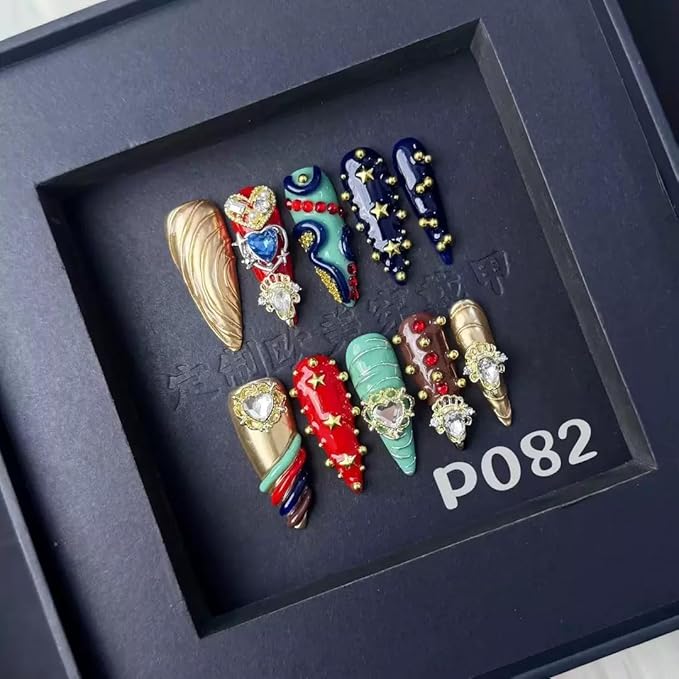Gorgeous Press On Nails Handmade Long Stiletto Fake Nails with Heart Charms Design Colorful Rhinestone Glue on Nails Acrylic Handmade Nails Reusable Full Cover for Women Girls Size M 10Pcs