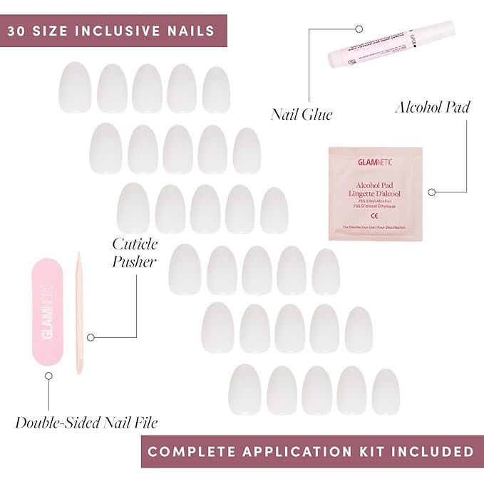 Glamnetic Press On Nails - White Swan Fake Nails | Opaque Classic Off White Short Oval Fake Nails, Salon Quality | 15 Sizes - 30 Nail Kit with Glue