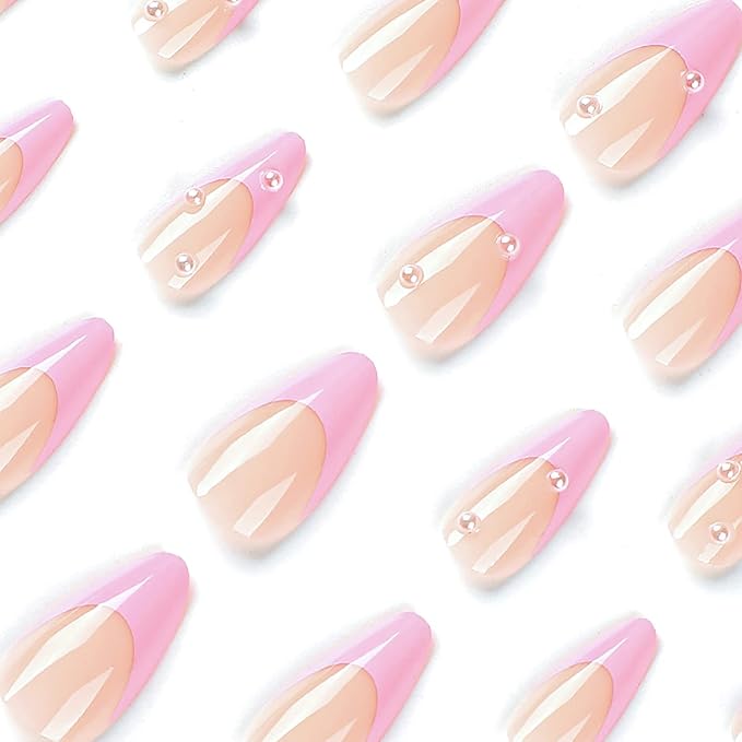 24 Pcs Press on Nails Medium Almond Nude Acrylic Fake Nails French Nails with Pink Nails Tip and Pearl Designs False Nails Spring Summer Stick on Nails for Women