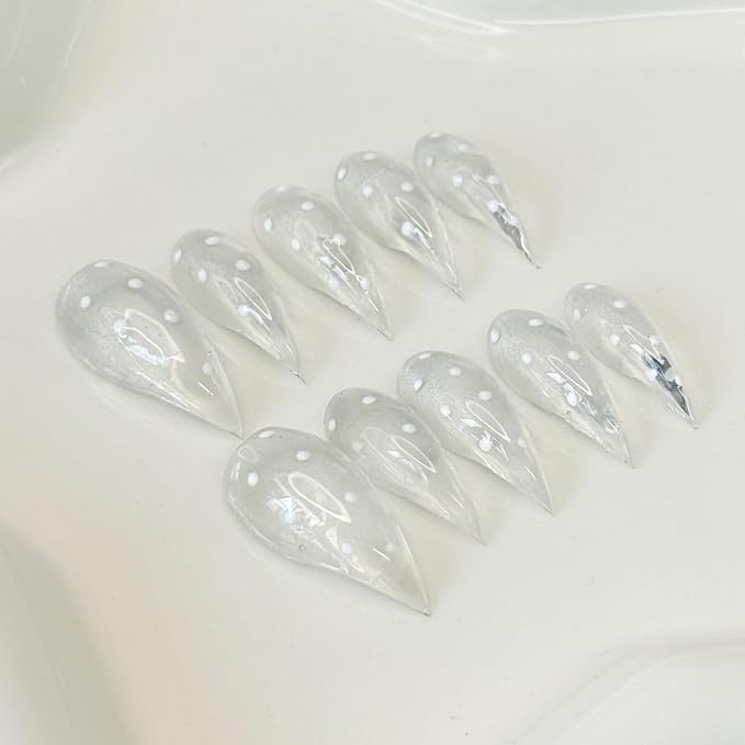 10 Pcs Handmade Press on Nails Curved Short Eagle Claw Fake Nails with Dot Designs Transparent Luxury Dragon Claw False Nails with Glue,Full Cover Acrylic Artificial Glue on Nail for Women(S)