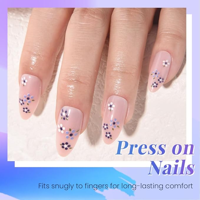 Spring Summer Purple White Floral Press On Nails Medium Almond Fake Nails, Salon Quality Reusable Acrylic Nails for Women & Girls, DIY Nail Art Gift Kit - 30 PCS 15 Sizes