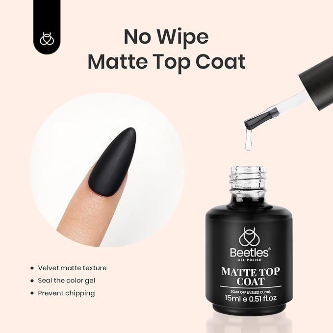 Beetles Matte Gel Top Coat No Wipe Glossy Top Coat Set 2Pcs 15ml, Shiny Long-Lasting Clear Gel Nail Polish, Soak Off UV LED Nail Lamp, Home DIY Manicure Salon Gifts for Women