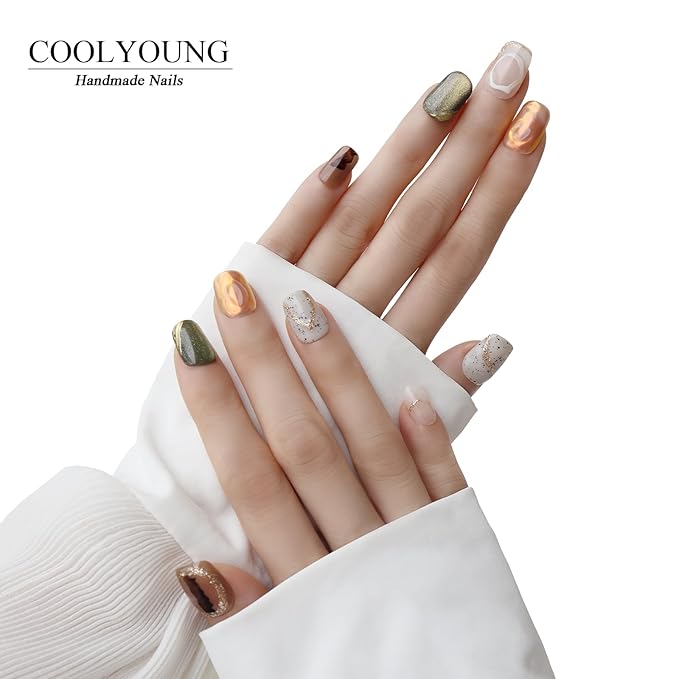 Handmade Press On Nails Cat Eye Fake Nails Press On Nails Short Square Woman Gifts Hand Made Acrylic Press On Nails COOLYOUNG Colorful Nails, 10 PCS, Size M