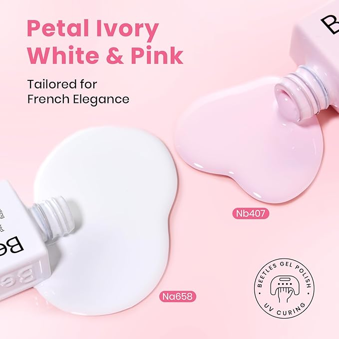 Beetles Pastel Gel Polish Set - Petal Ivory, 4Pcs White & Pink Gel Nail Polish with Base Coat Top Coat, Soak Off UV LED Lamp French Nails Art for Spring Nails Complete for Beginner & Professional