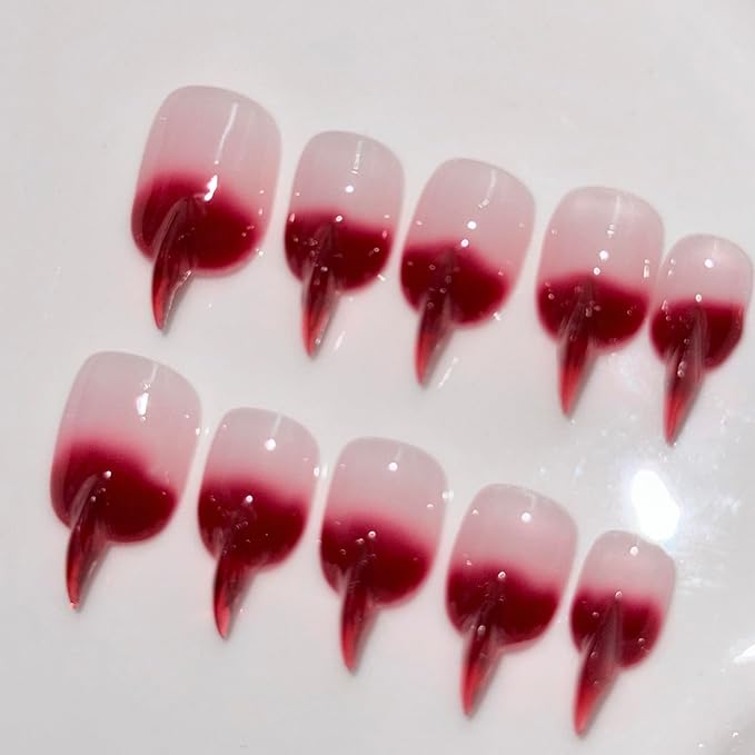 10 Pcs Curved Press on Nails Stiletto Medium Cat Claw False Nails Luxury 3D Red French Tip Cat Claw Handmade Fake Nails Thick Red Gradient Designs Glossy Acrylic Glue on Nail (S)