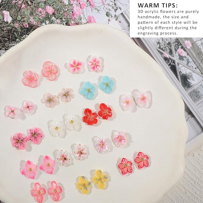 30PCS 3D Handmade Flower Nail Art Charms Advanced Handcrafted Cherry Blossom Flower Colorful Sculpted Floral Nails with Rhinestone Caviar Beads Design for Women Profession Nail Art Craft Jewelry
