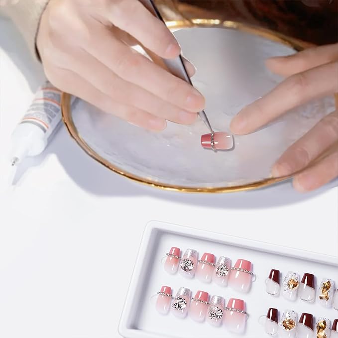2 Packs Press On Nails Handmade Rhinestones Charms DIY Reusable Adhesive Tabs False Fake Nail, Set #02, Size S