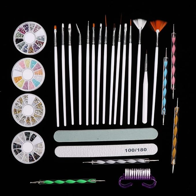 Nail Art Brushes Set, Nail Art Kit, Nail Design Kit with Nail Dotting Tools, Nail File Nail Buffer, Nail Charms and Gems, Rhinestones for Nails, Nail Dust Brush, Nail Design Tools for Home DIY Salon